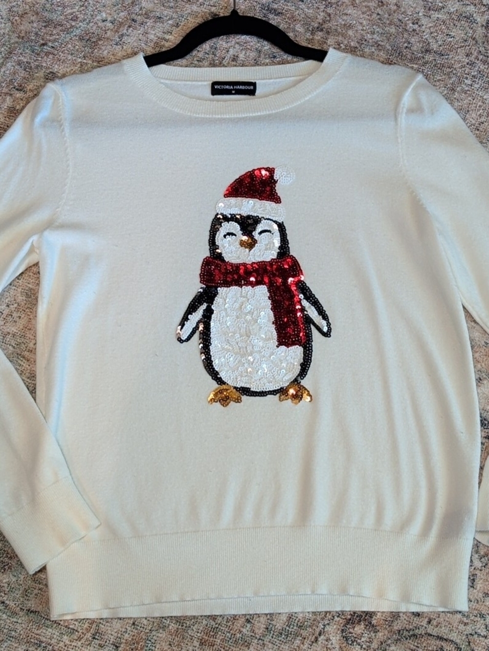 Victoria Harbour Cream Sequin Penguin Crewneck Sweater